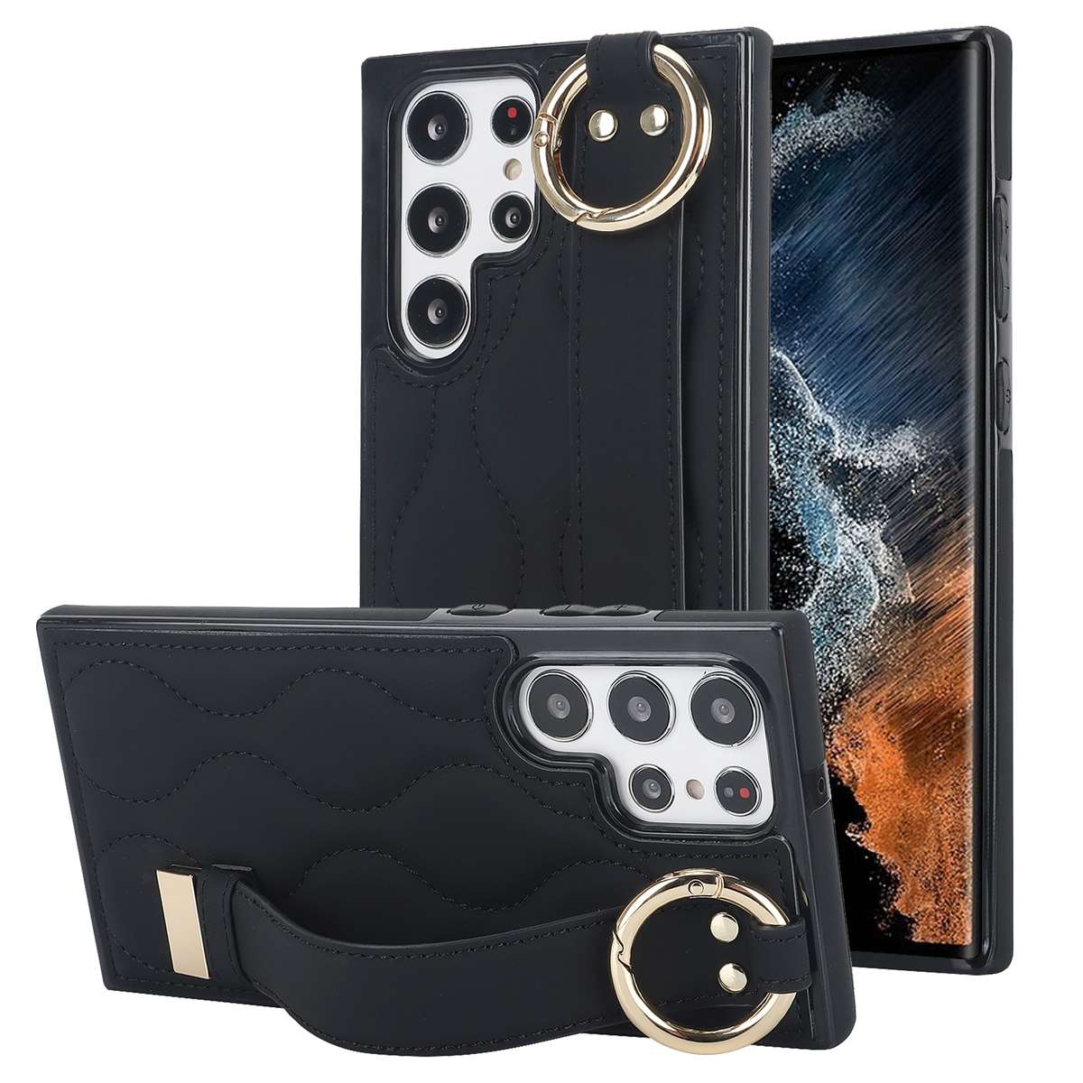 For Samsung Galaxy S22 Ultra Non-slip Full Coverage Ring PU Phone Case with Wristband(Brown)