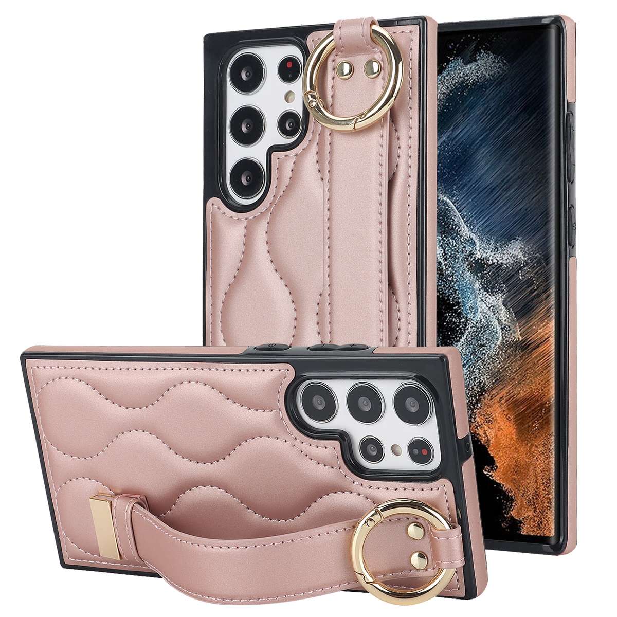 For Samsung Galaxy S22 Ultra Non-slip Full Coverage Ring PU Phone Case with Wristband(Brown)