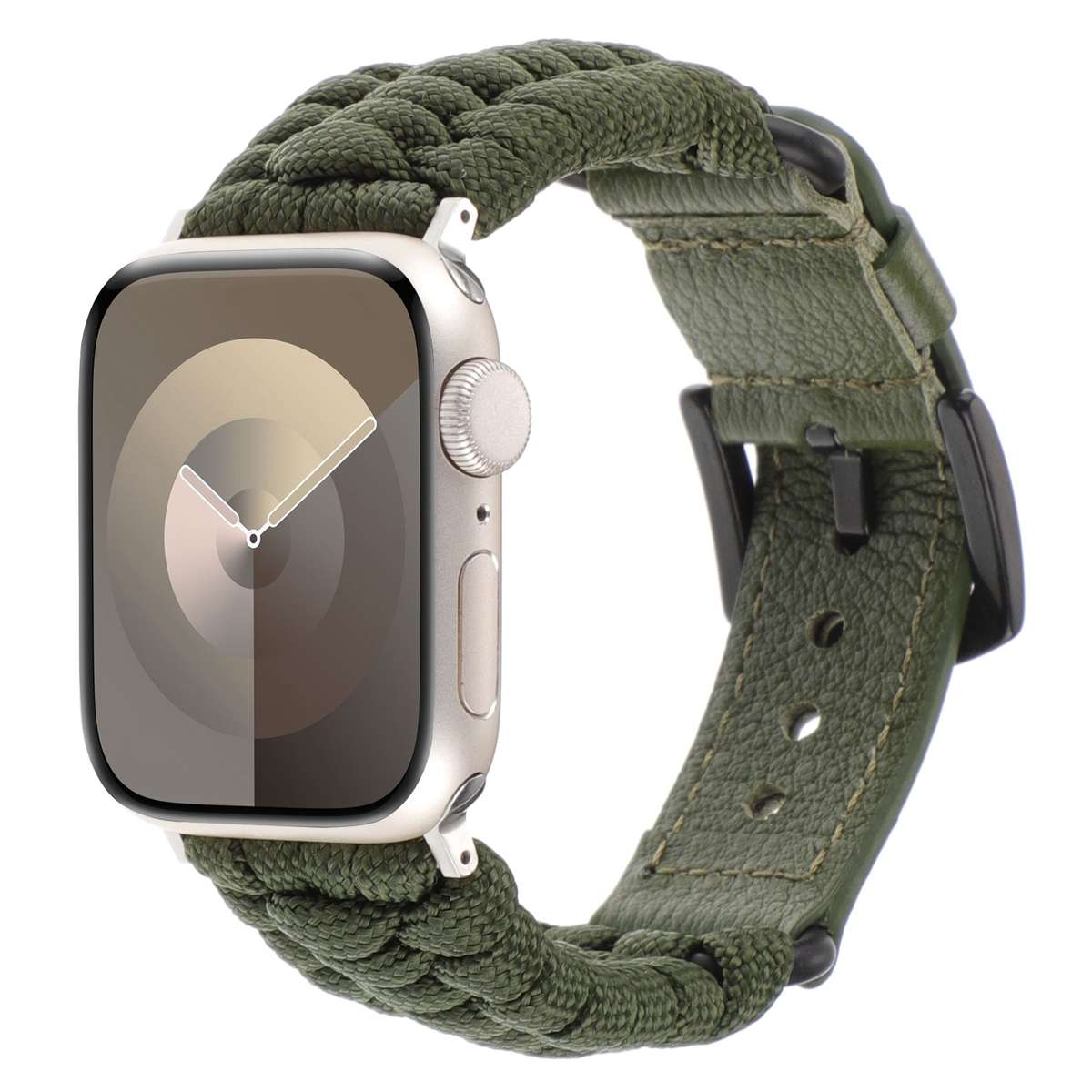 For Apple Watch SE 2023 44mm Plain Paracord Genuine Leather Watch Band(Army Green)