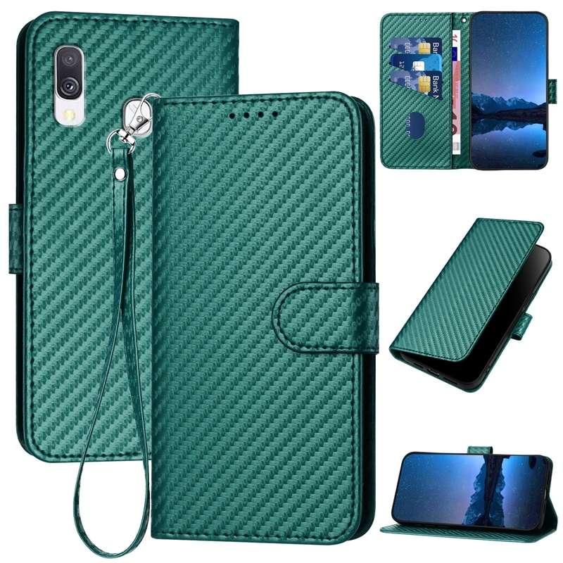 For Samsung Galaxy A40 YX0070 Carbon Fiber Buckle Leather Phone Case with Lanyard(Dark Green)