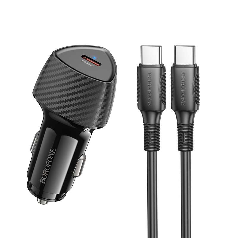 BOROFONE BZ31B Solid Single PD30W Car Charger Set with Type-C to Type-C Cable(Black)