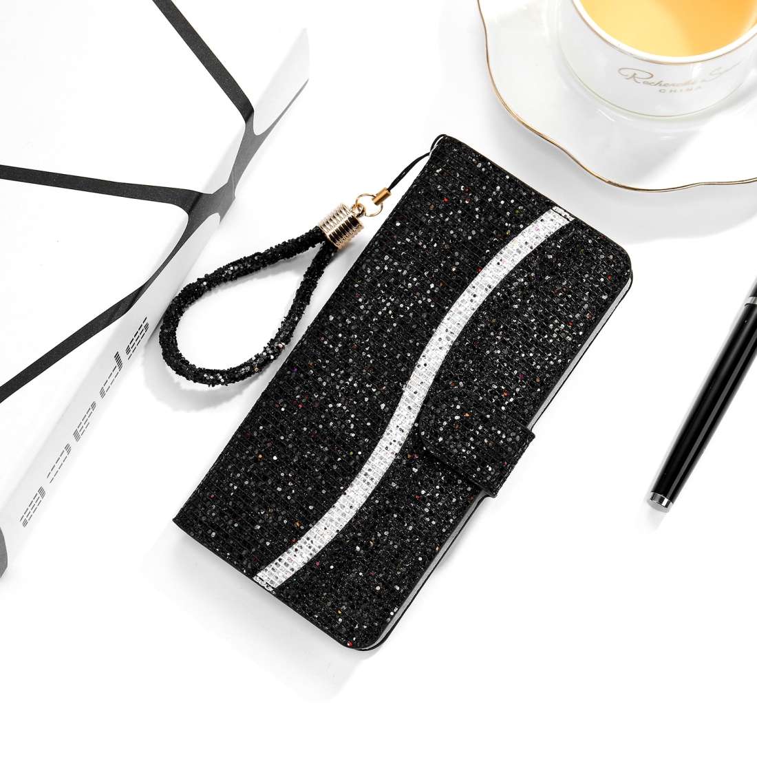 For Samsung Galaxy Note 20 Glitter Powder Horizontal Flip Leather Case with Card Slots & Holder & La