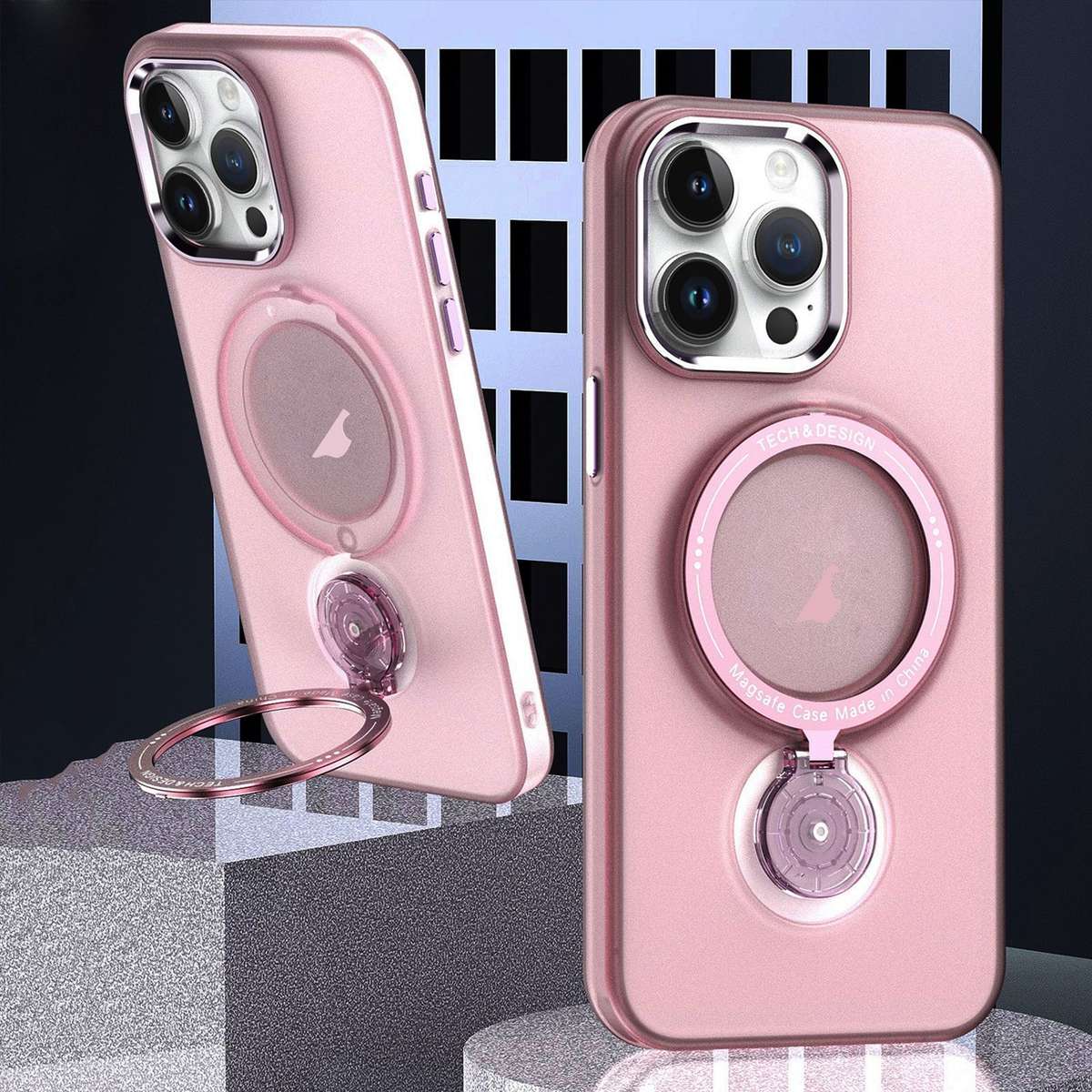 For iPhone 15 Pro Max Rotation Holder MagSafe Phone Case(Pink)