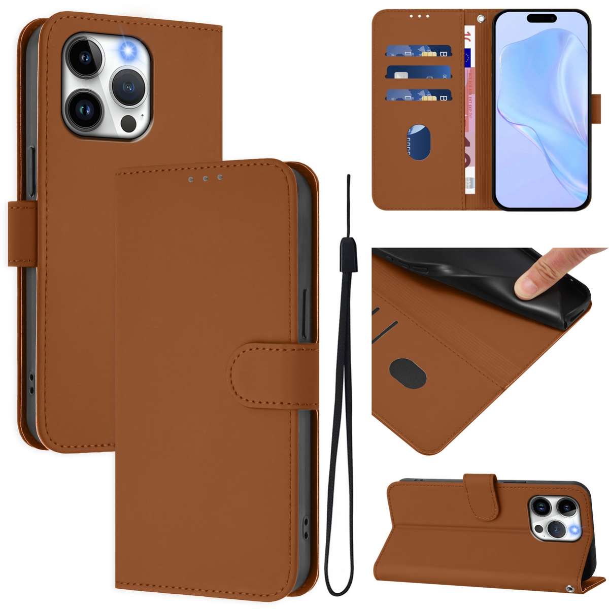 For iPhone 13 Pro Skin Feel Solid Color Leather Phone Case with Lanyard(Brown)