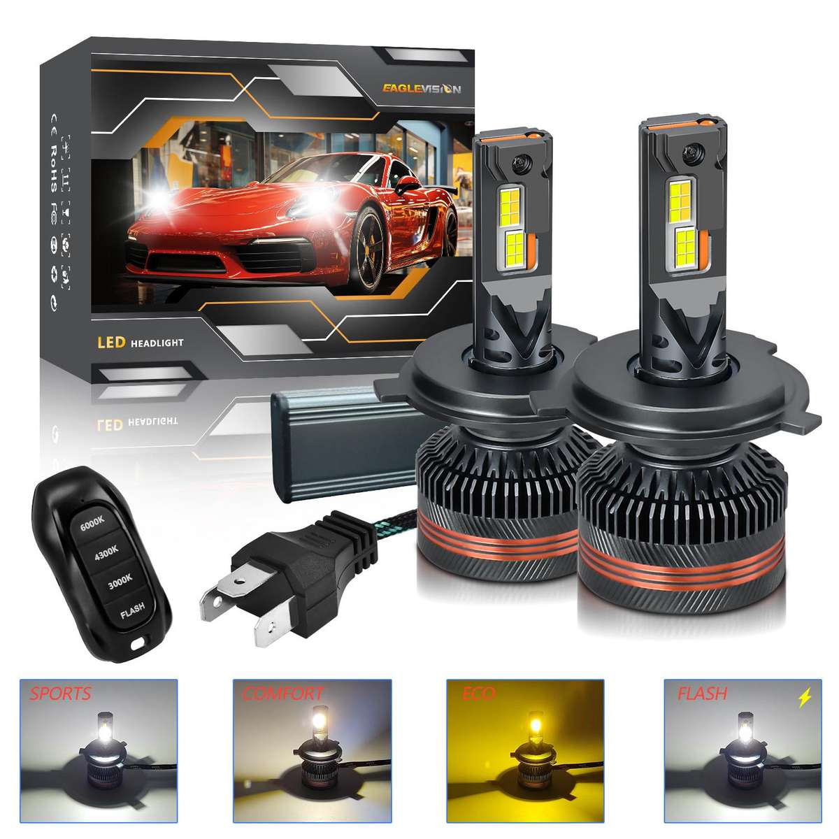 H4 2pcs/Pack 60W 8000LM 6000K Three Color Remote Control Car LED Headlight Bulb
