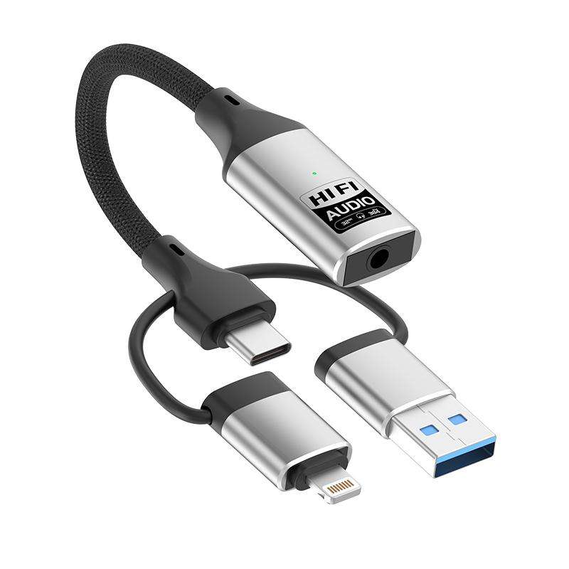 3 in 1 8 Pin, Type-C, USB to 3.5mm Multi-function External Sound Card(Black)