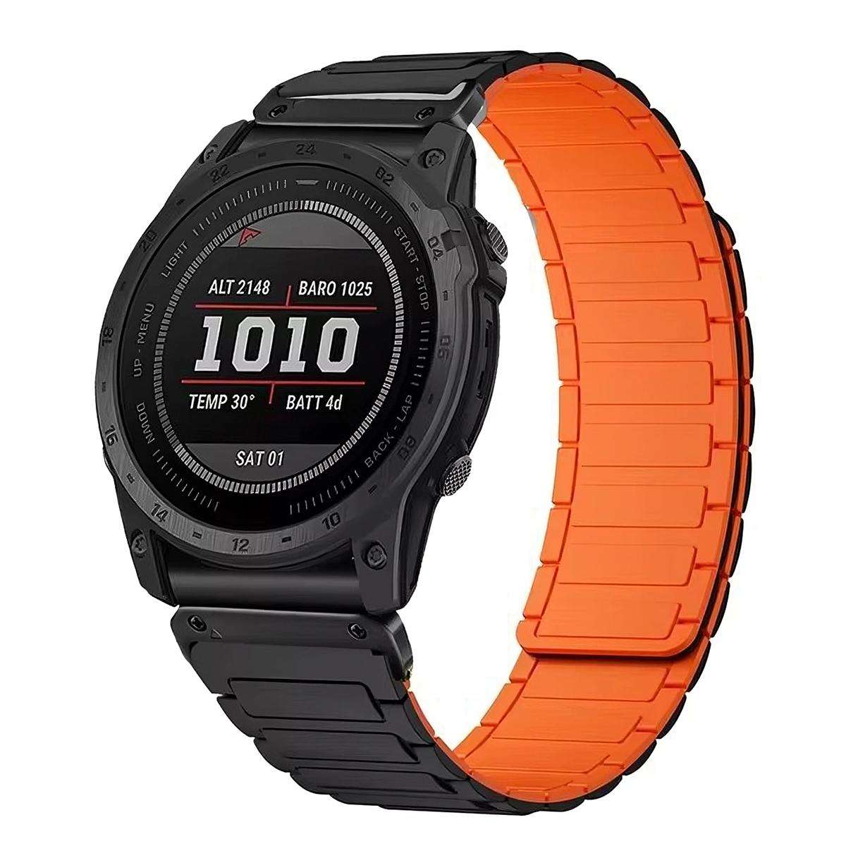 For Garmin 26mm Three Beads Magnetic Silicone Watch Band(Black Orange+Black Connector)