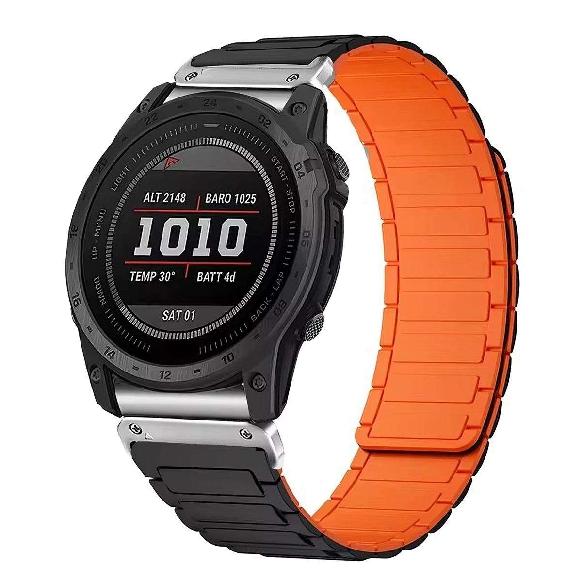 For Garmin 22mm Three Beads Magnetic Silicone Watch Band(Black Orange+Black Connector)