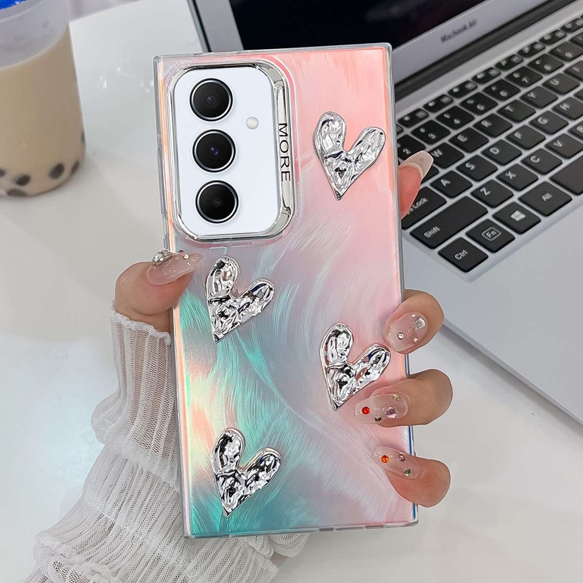 For Samsung Galaxy A55 5G Electroplating 4-Heart Laser Texture TPU Phone Case(Feather Yarn)