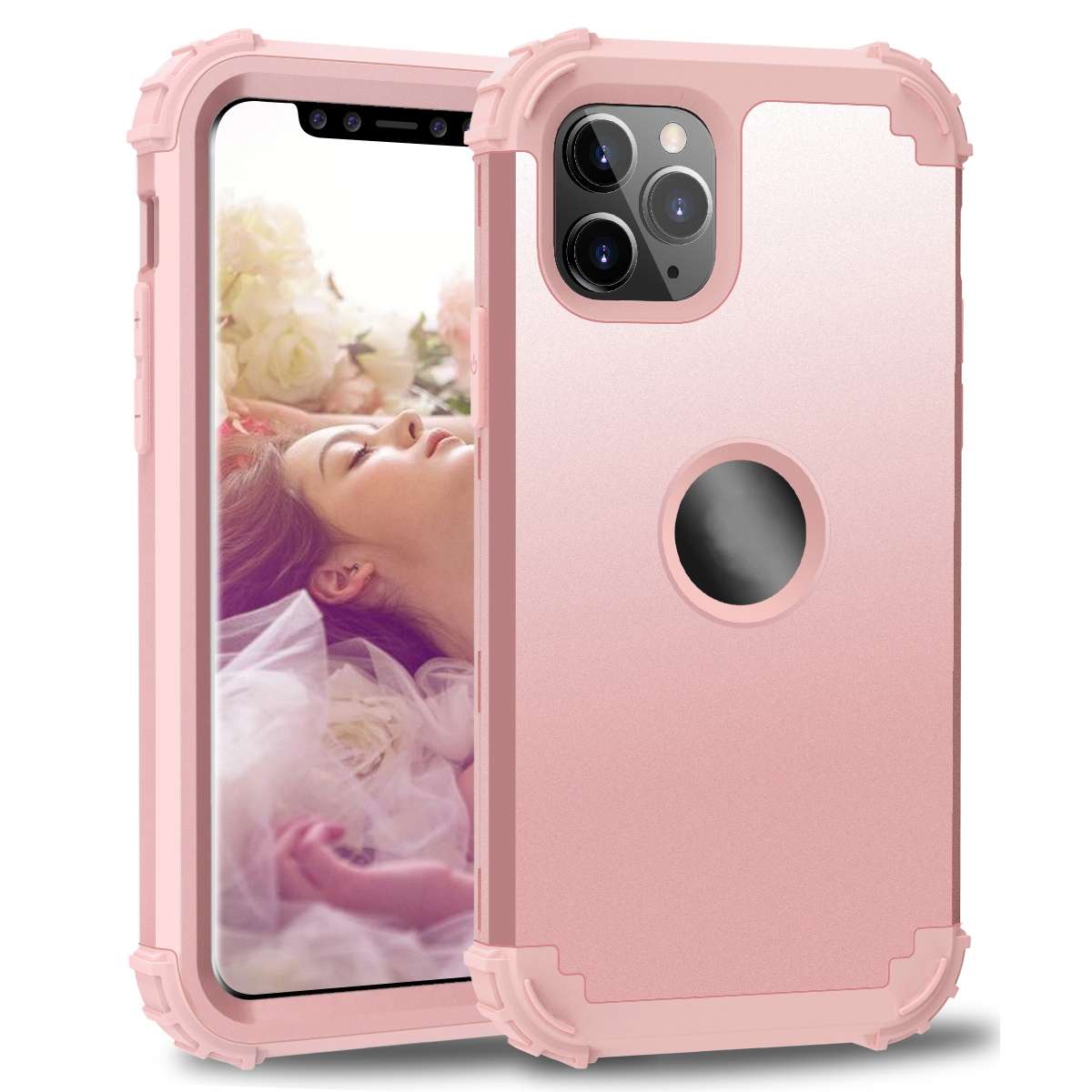 For iPhone 11 Pro Max PC+ Silicone Three-piece Anti-drop Mobile Phone Protective Back Cover(Rose gol