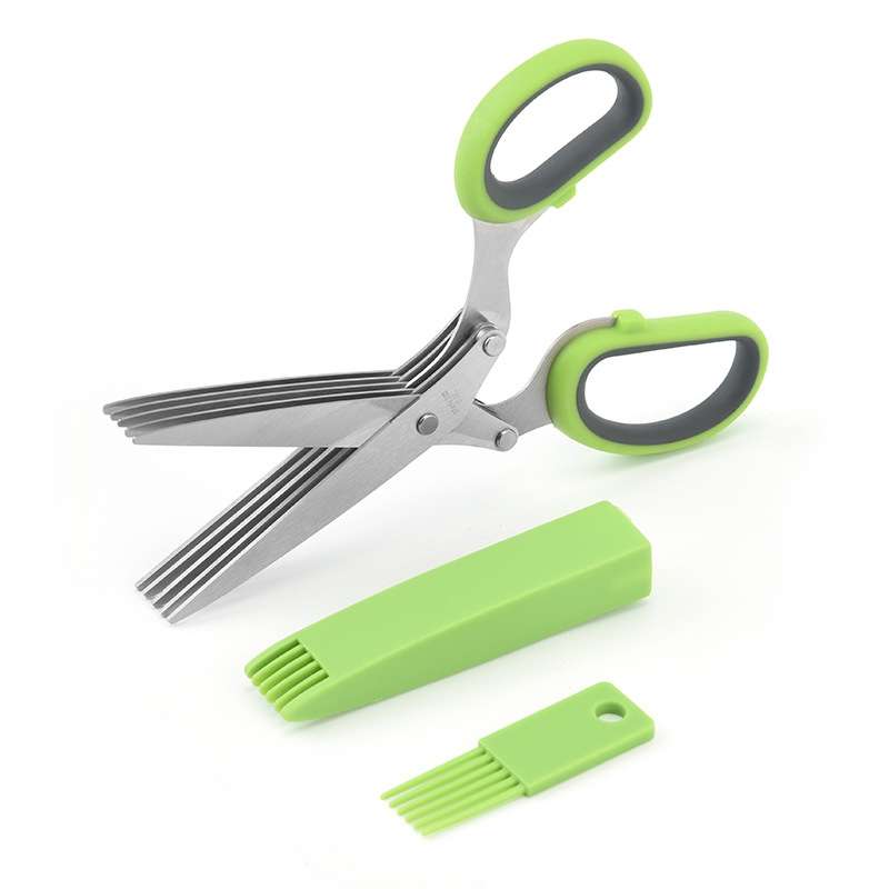 Five-Layer Vegetable Scissors Office Shredding Stainless Steel Scissors(Green White)