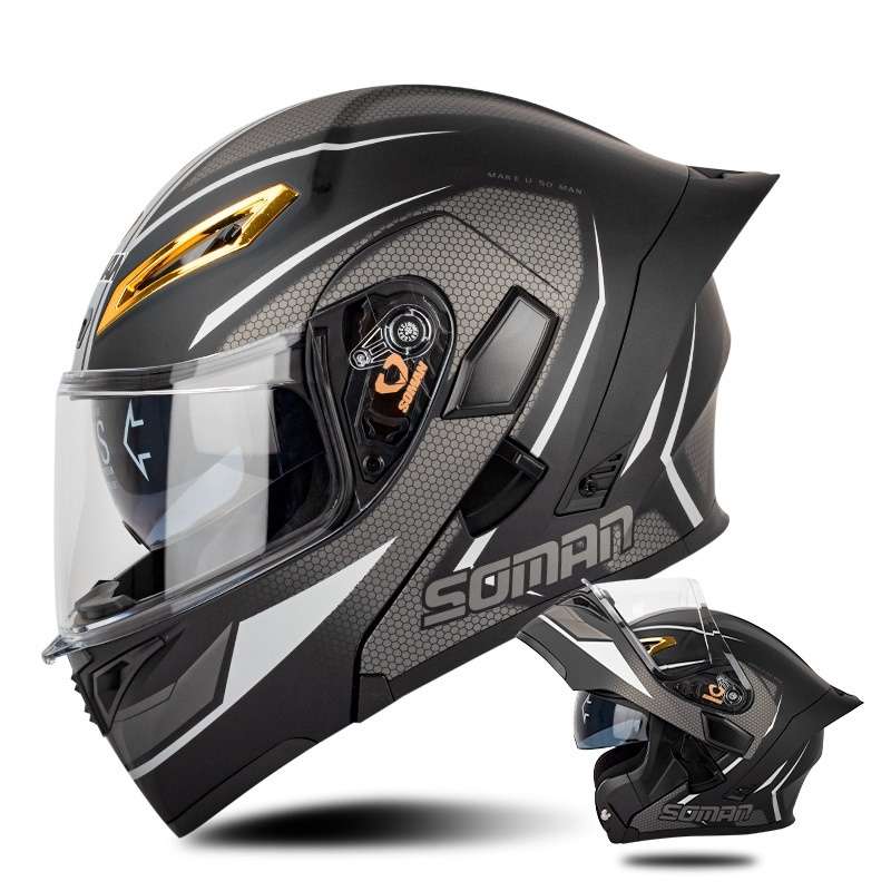 SOMAN Motorcycle Dual Lens Riding Peel-Off Full Coverage Helmet, Size: L(Black Gray Track)