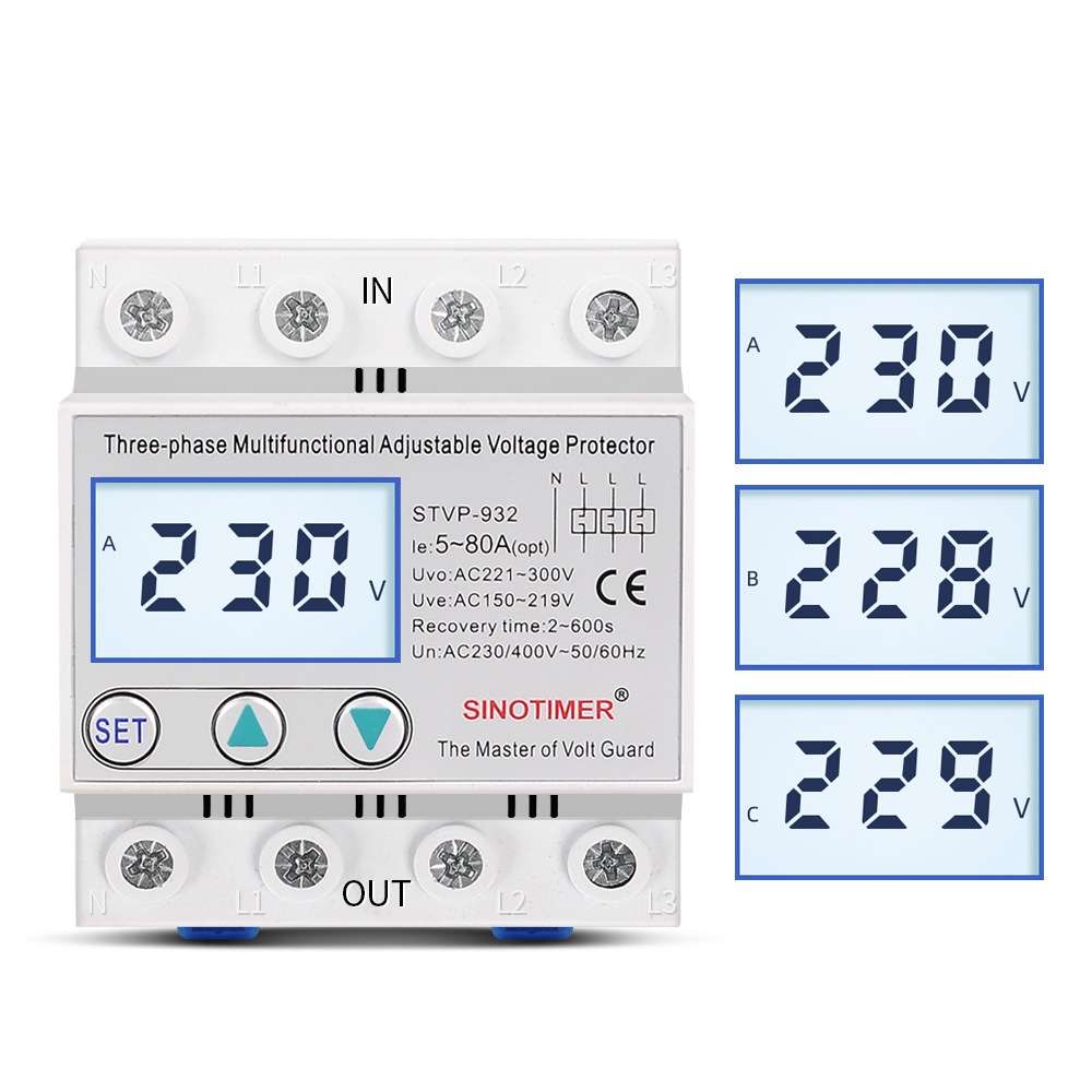 SINOTIMER STVP-932 63A 3-phase 380V LCD Self-resetting Adjustable Surge Voltage Protector