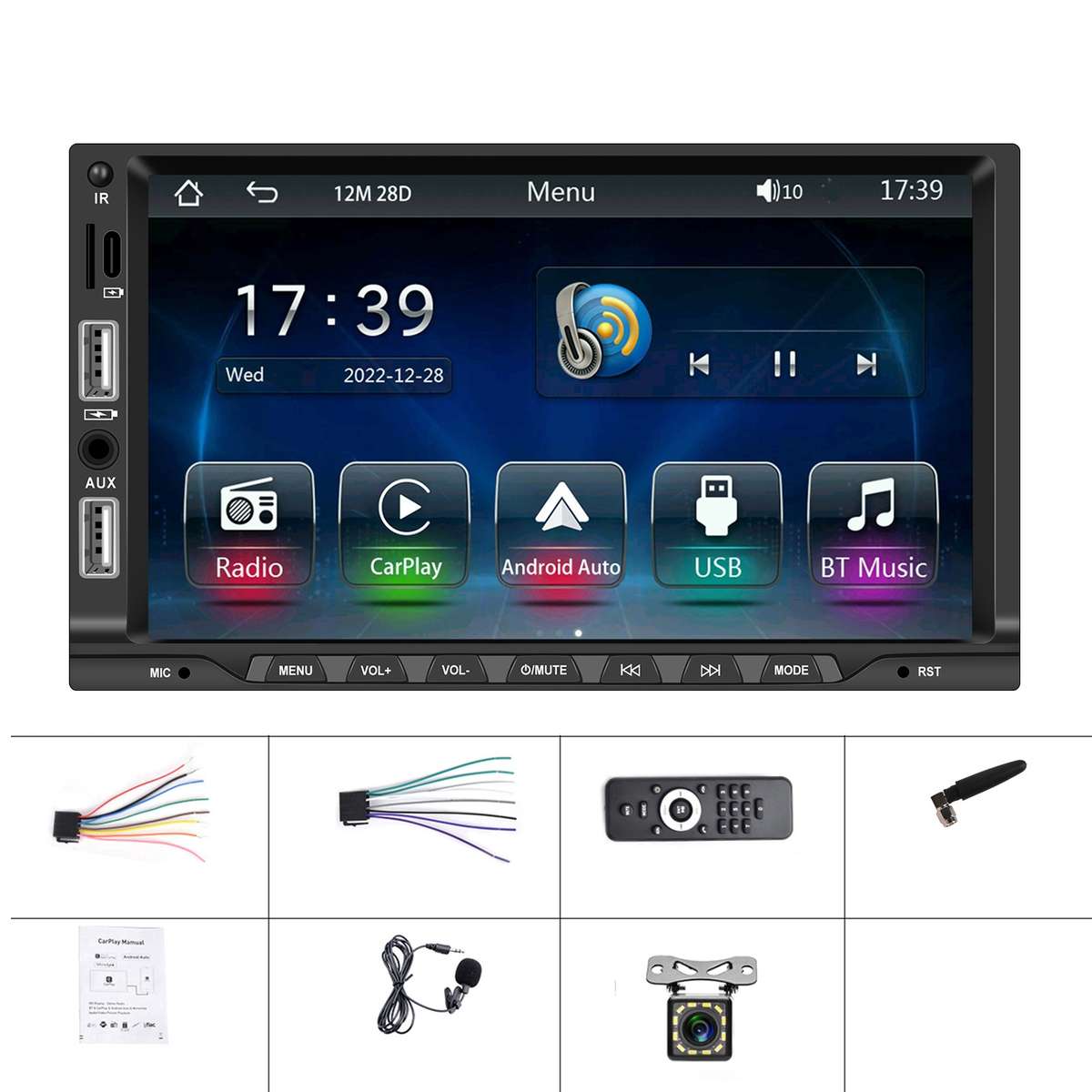 7-inch Double Din Car MP5 Player Support CarPlay/Android Auto/Mirror Link/Bluetooth With 12-light Ca