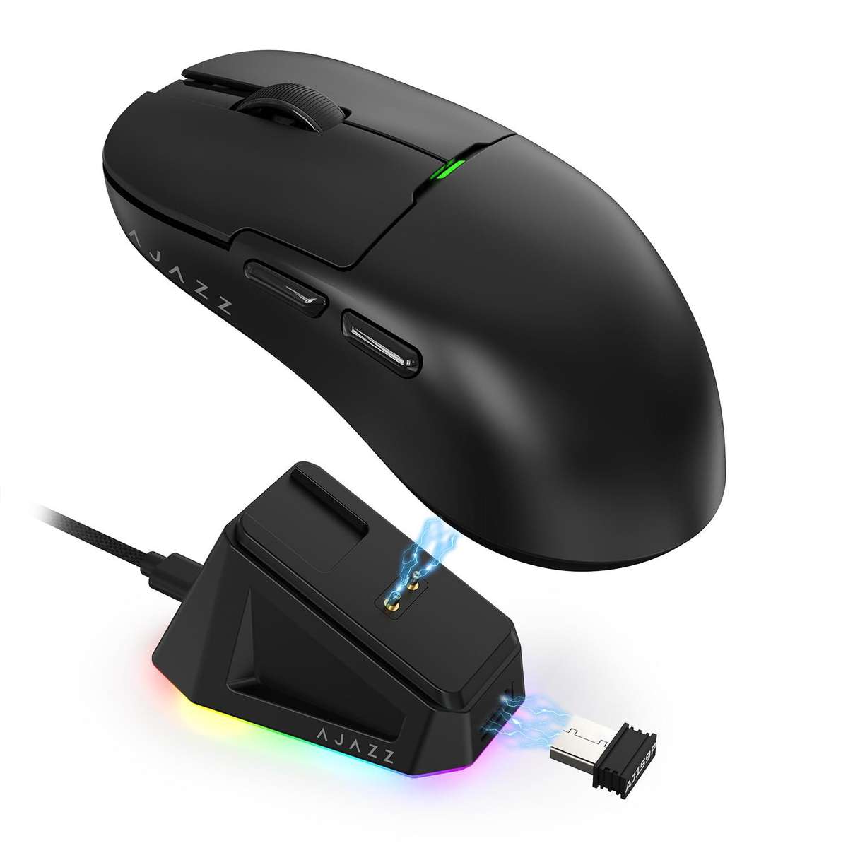 Ajazz 2.4G / Wired Dual Mode Gaming Mouse PAW3395 Chip, Spec: AJ159P With Charge Dock Black
