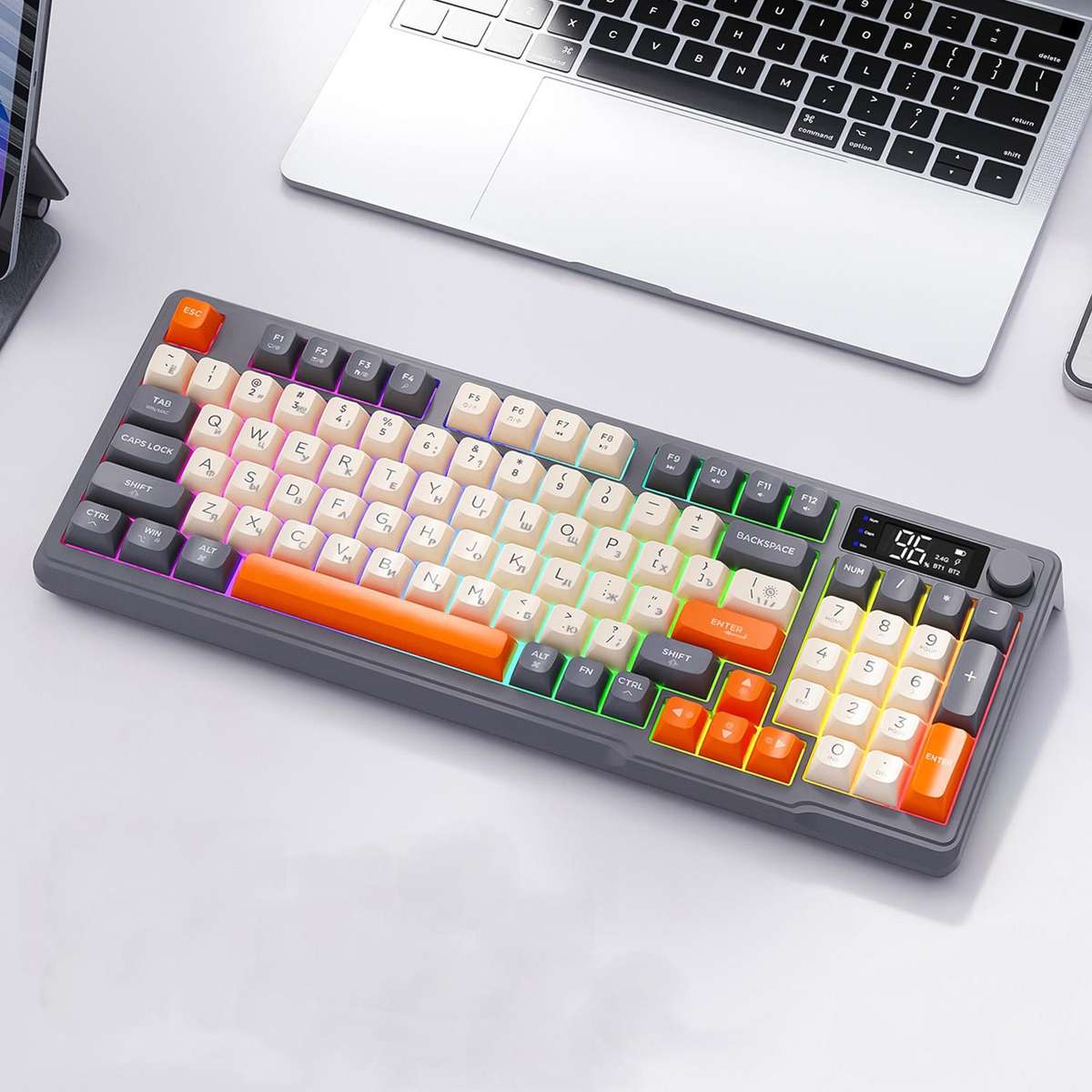 FREE WOLF M96 Wireless Bluetooth Dual-Mode Russian Keyboard PBT Dome Display Gaming Keyboard(Micro L