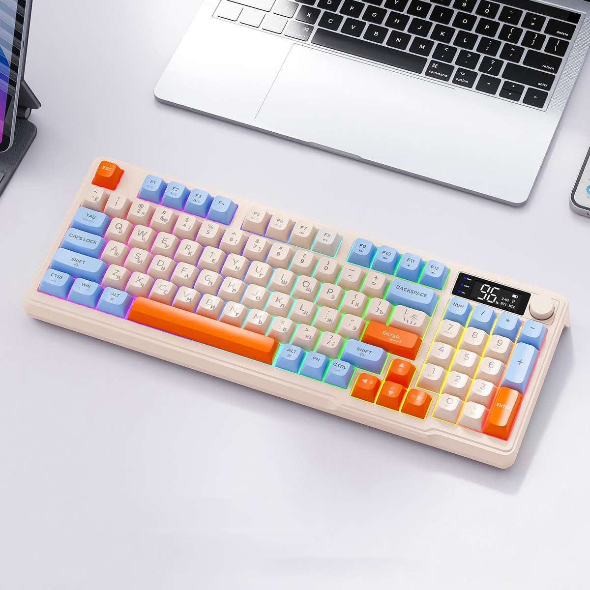 FREE WOLF M96 Wireless Bluetooth Dual-Mode Russian Keyboard PBT Dome Display Gaming Keyboard(Micro L