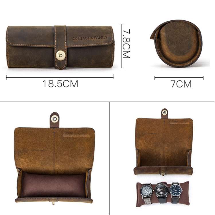 CONTACTS FAMILY CF1117 Retro Crazy Horse Texture Leather Watch Box Round Buckle Storage B...(Coffee)