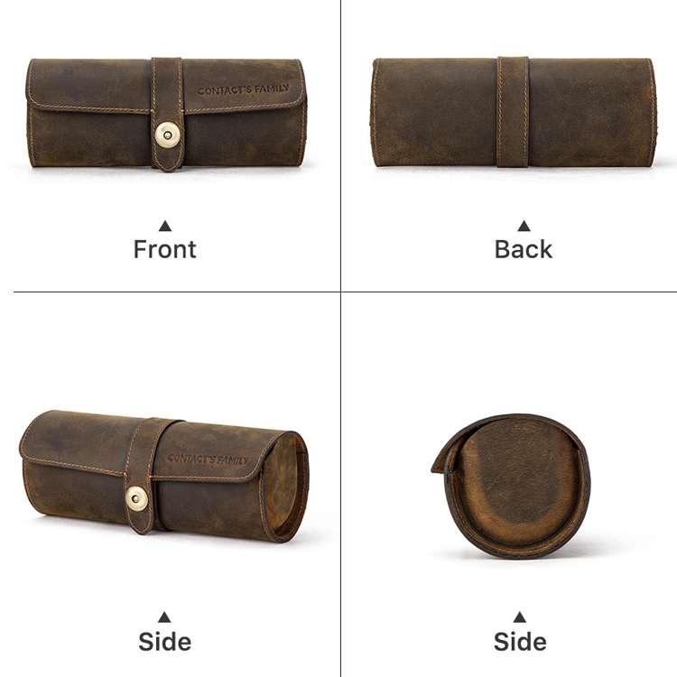 CONTACTS FAMILY CF1117 Retro Crazy Horse Texture Leather Watch Box Round Buckle Storage B...(Coffee)
