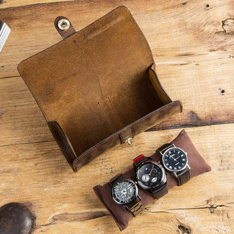 CONTACTS FAMILY CF1117 Retro Crazy Horse Texture Leather Watch Box Round Buckle Storage B...(Coffee)