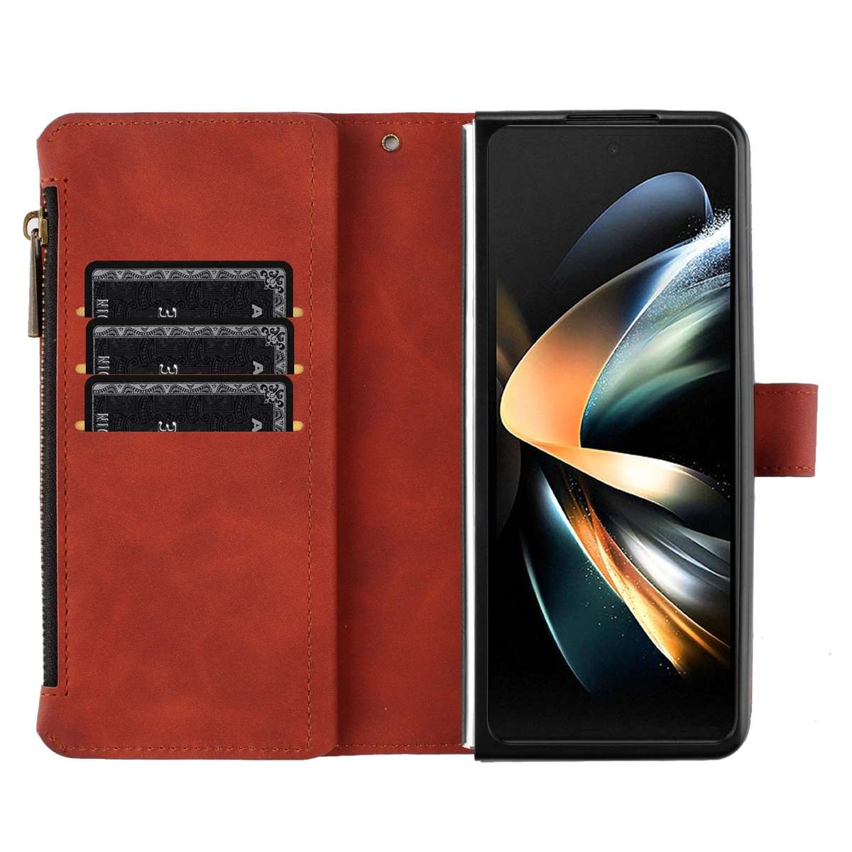 For Samsung Galaxy Z Fold4 Rhombus Texture Zipper Wallet Leather Phone Case(Brown)