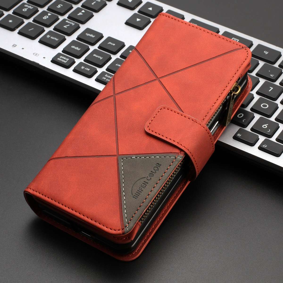 For Samsung Galaxy Z Fold4 Rhombus Texture Zipper Wallet Leather Phone Case(Brown)