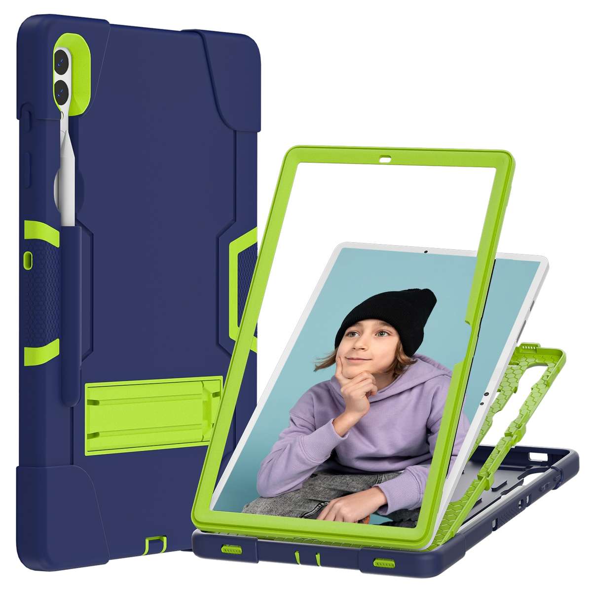 For Samsung Galaxy Tab S9+ Contrast Color Silicone PC Tablet Case with Holder(Navy Blue + Green)