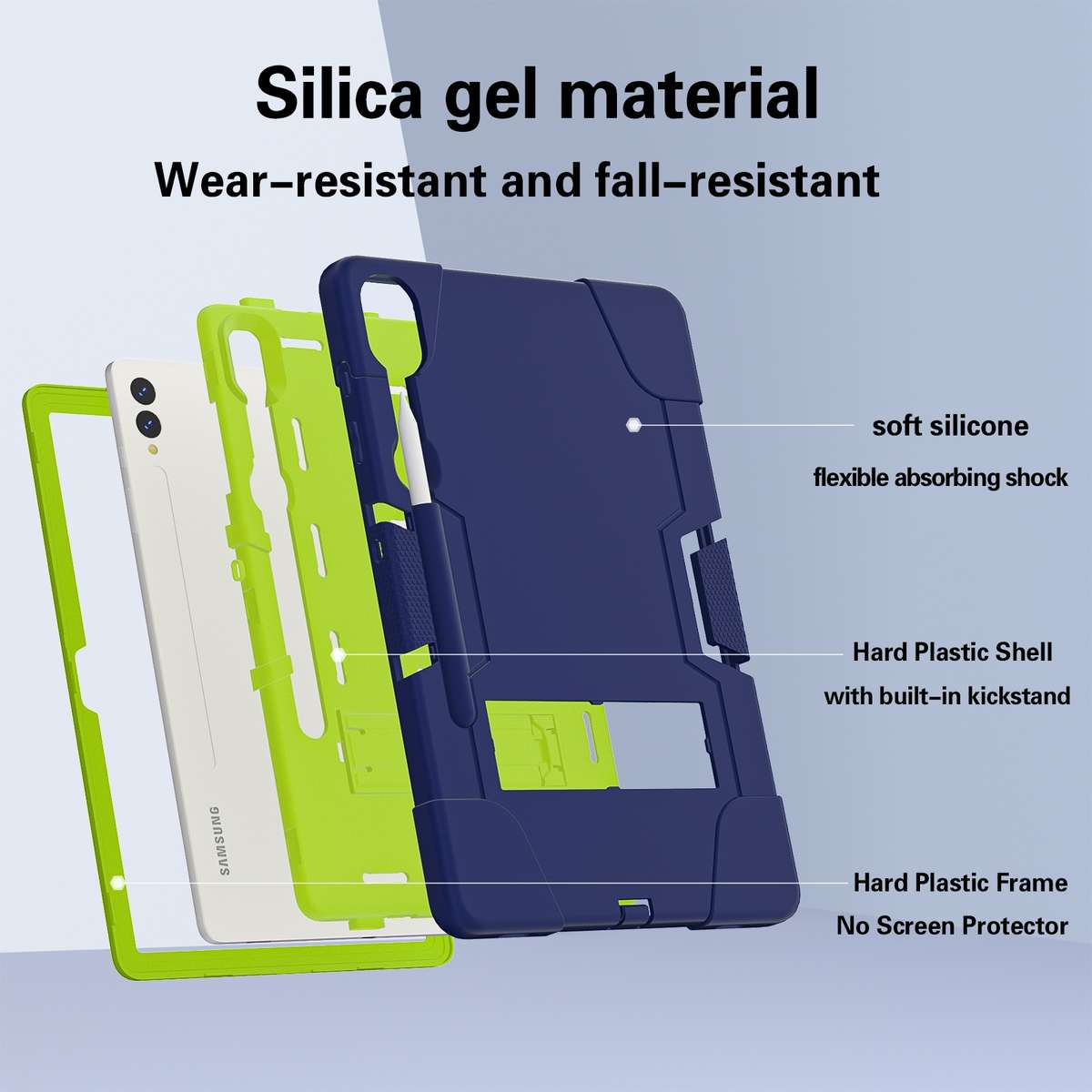 For Samsung Galaxy Tab S9+ Contrast Color Silicone PC Tablet Case with Holder(Navy Blue + Green)