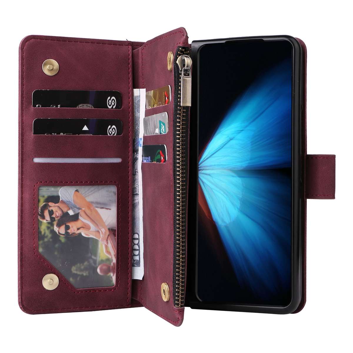For Samsung Galaxy Z Fold4 Multifunctional Frosted Zipper Wallet Leather Phone Case(Wine Red)