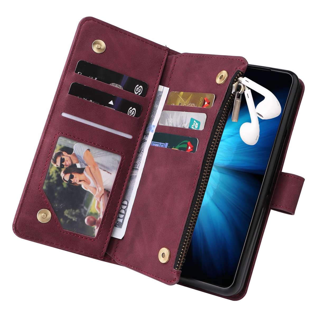 For Samsung Galaxy Z Fold4 Multifunctional Frosted Zipper Wallet Leather Phone Case(Wine Red)