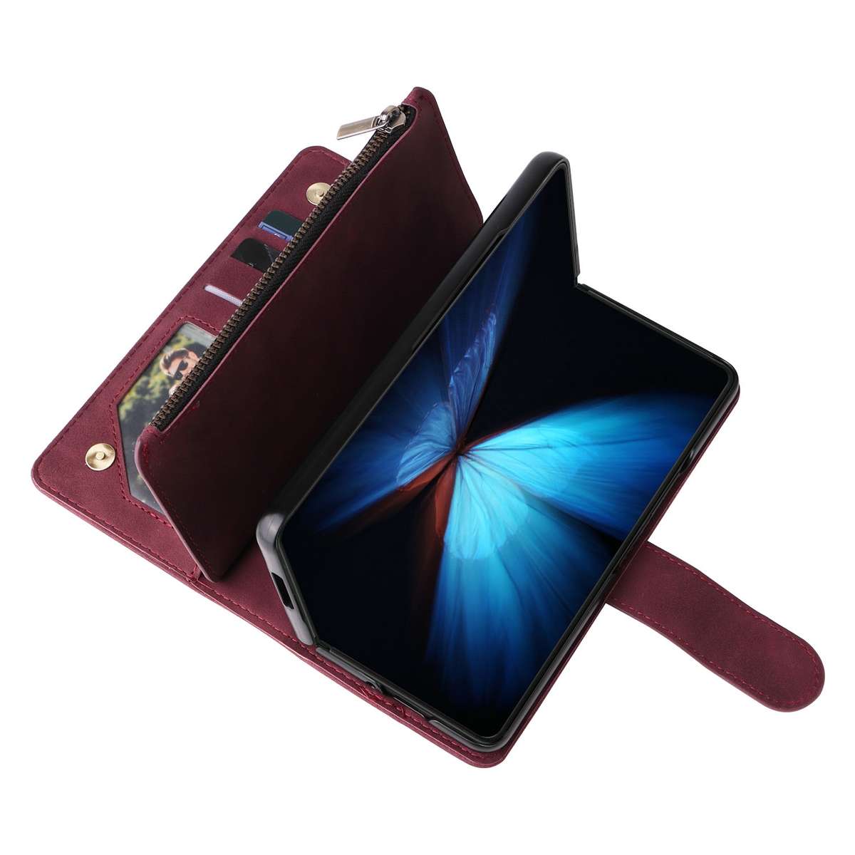 For Samsung Galaxy Z Fold4 Multifunctional Frosted Zipper Wallet Leather Phone Case(Wine Red)