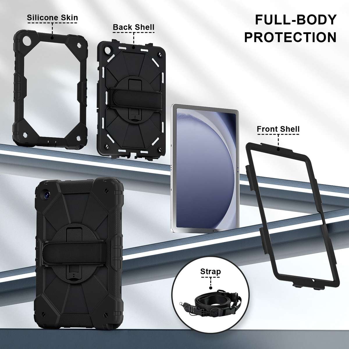 For Samsung Galaxy Tab A11+ / A9+ Contrast Color Robot C2 Silicone Hybrid PC Tablet Case(Black)