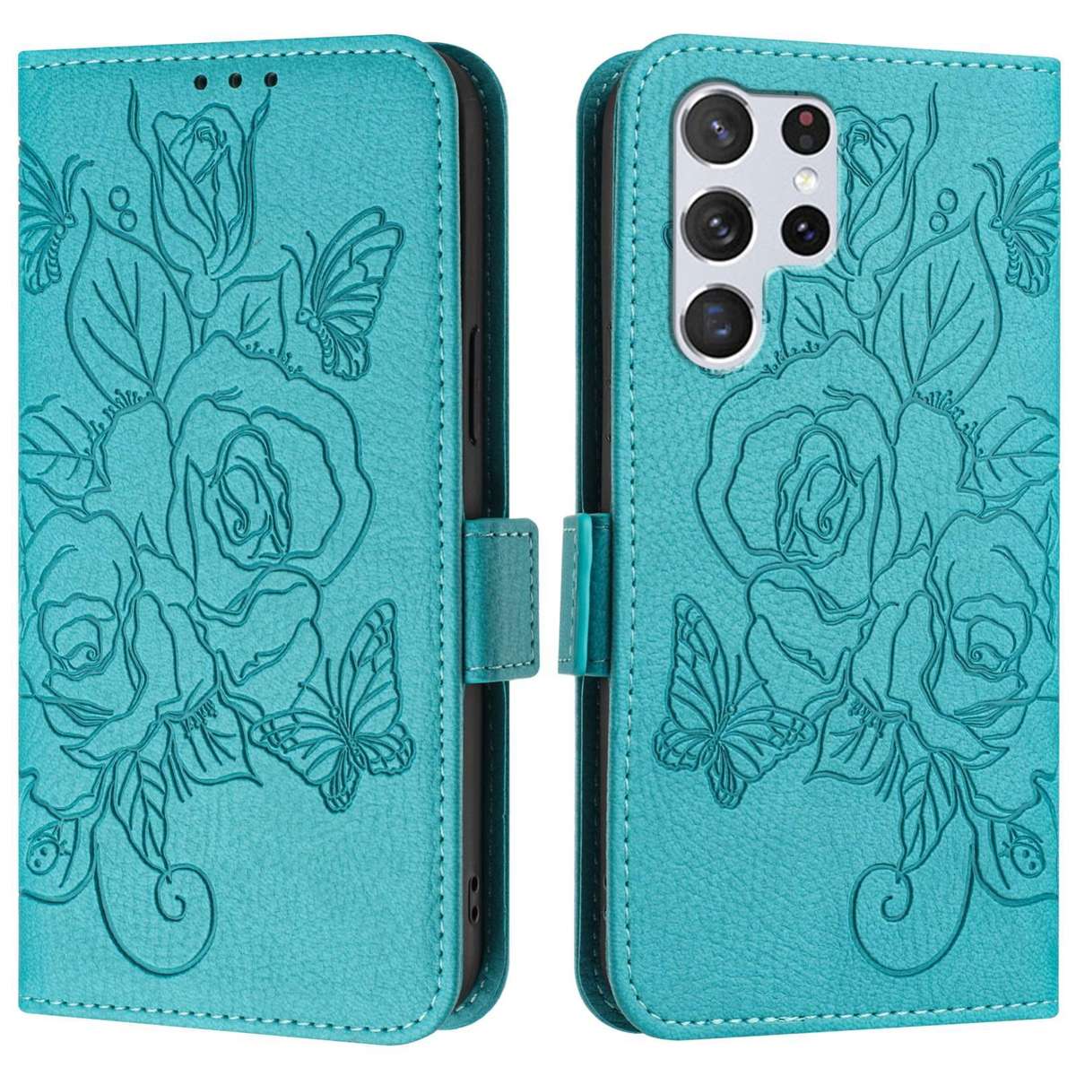 For Samsung Galaxy S22 Ultra 5G Embossed Rose RFID Anti-theft Leather Phone Case(Light Blue)