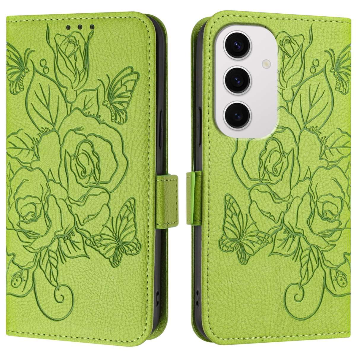 For Samsung Galaxy S24 FE 5G Embossed Rose RFID Anti-theft Leather Phone Case(Green)