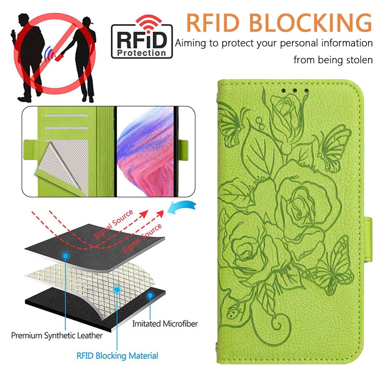 For Samsung Galaxy S24 FE 5G Embossed Rose RFID Anti-theft Leather Phone Case(Green)