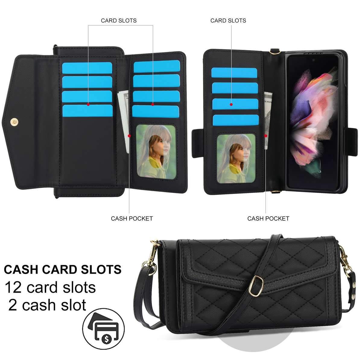 For Samsung Galaxy Z Fold4 Splicing Rhombic Texture Card Holder Phone Case with Lanyard, Not Inclu