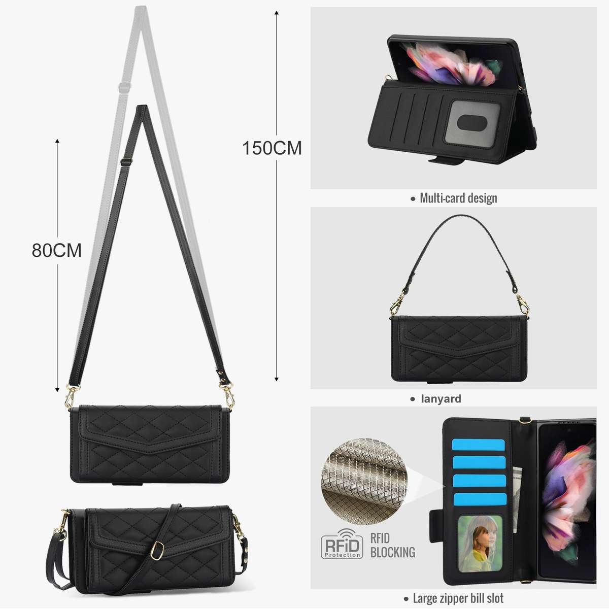 For Samsung Galaxy Z Fold4 Splicing Rhombic Texture Card Holder Phone Case with Lanyard, Not Inclu