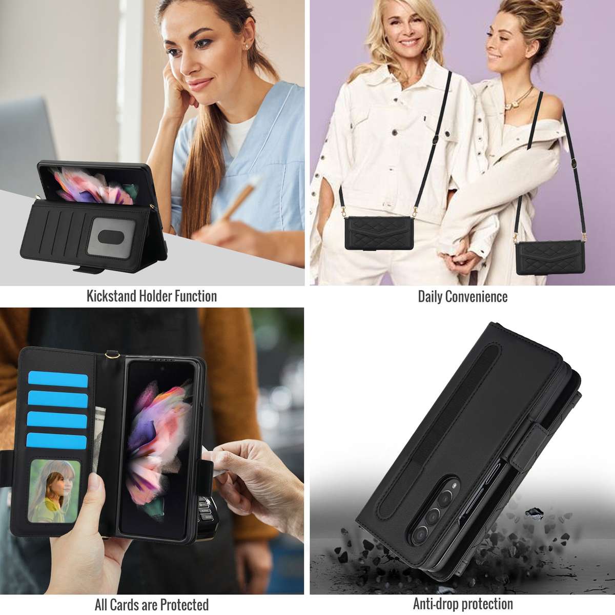 For Samsung Galaxy Z Fold4 Splicing Rhombic Texture Card Holder Phone Case with Lanyard, Not Inclu