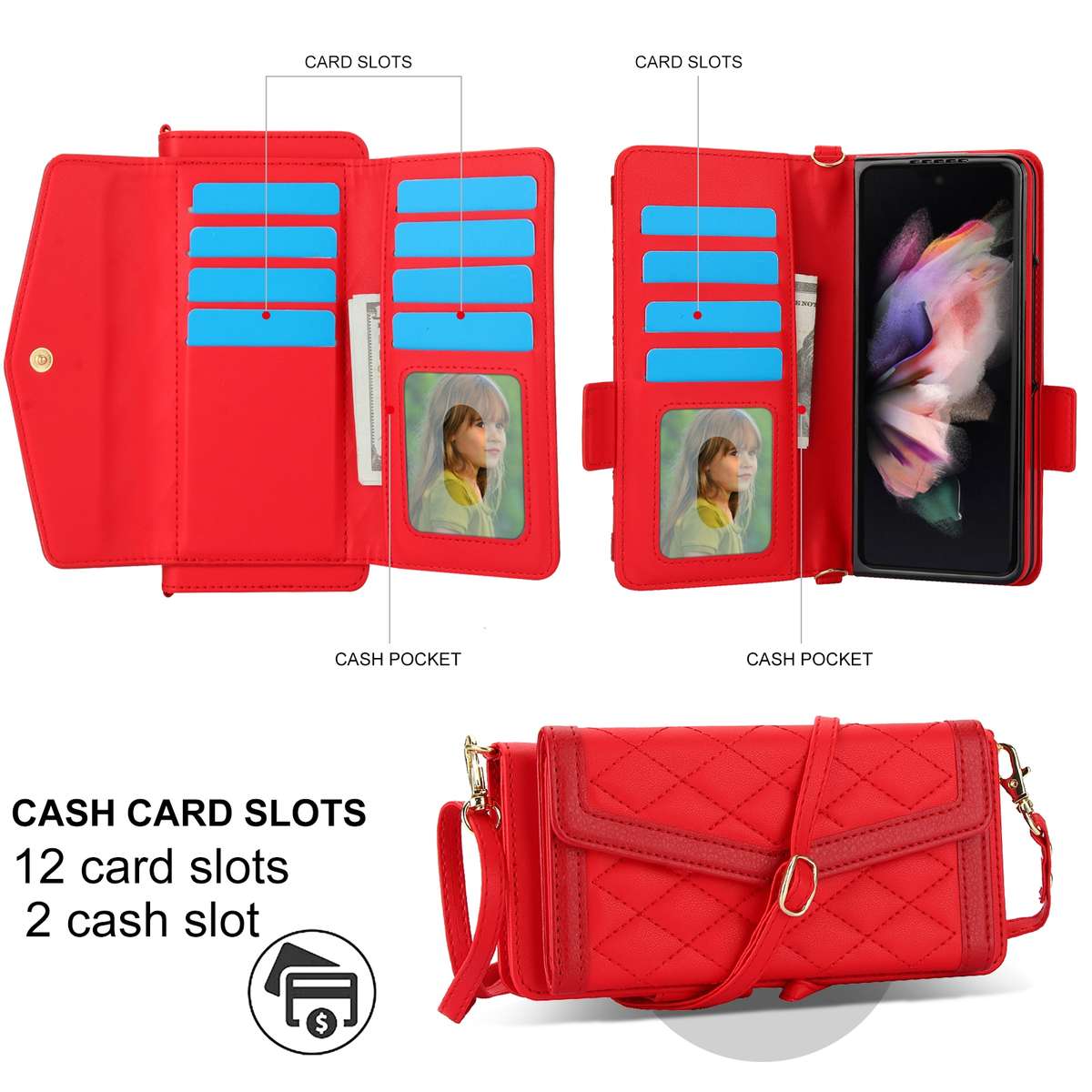 For Samsung Galaxy Z Fold4 Splicing Rhombic Texture Card Holder Phone Case with Lanyard, Not Inclu