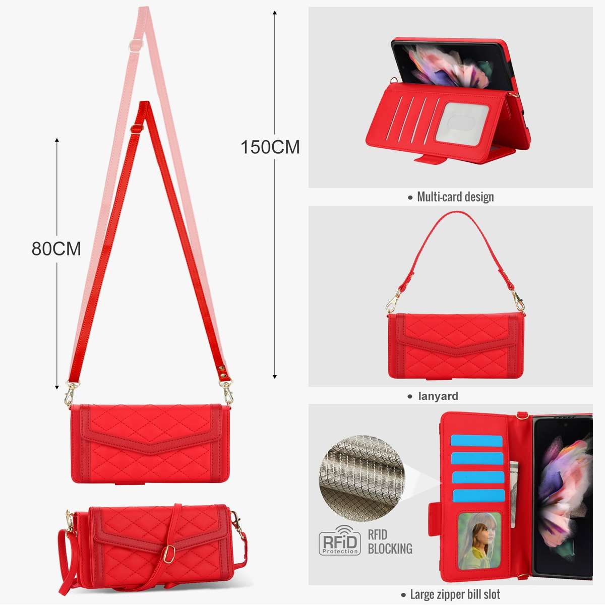 For Samsung Galaxy Z Fold4 Splicing Rhombic Texture Card Holder Phone Case with Lanyard, Not Inclu
