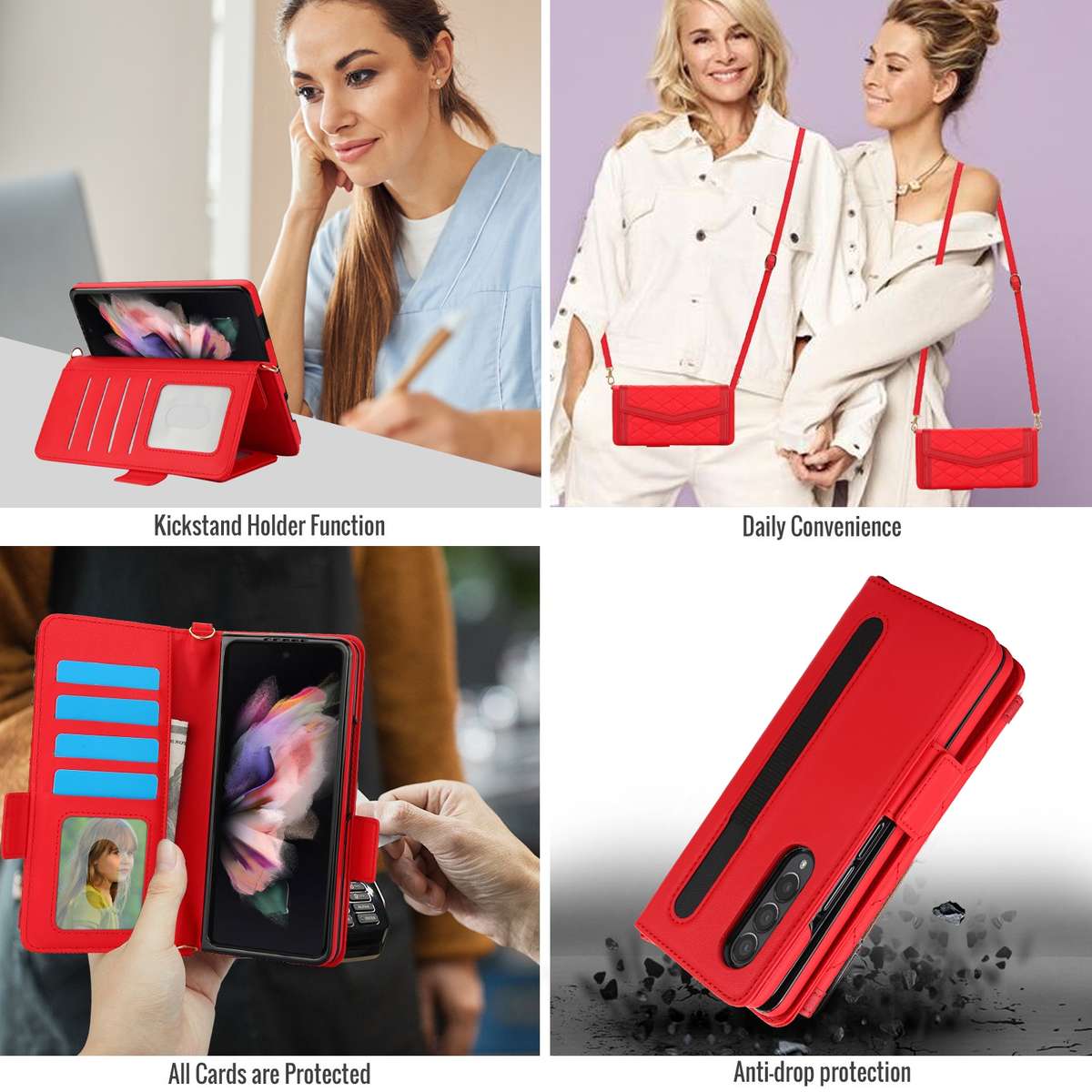 For Samsung Galaxy Z Fold4 Splicing Rhombic Texture Card Holder Phone Case with Lanyard, Not Inclu