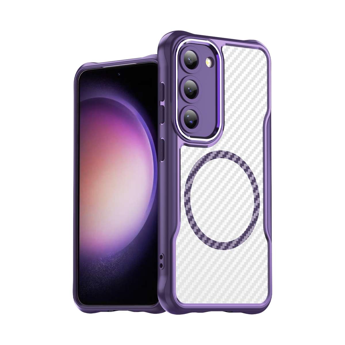 For Samsung Galaxy S23 5G Carbon Fiber Texture MagSafe Translucent Phone Case(Purple)