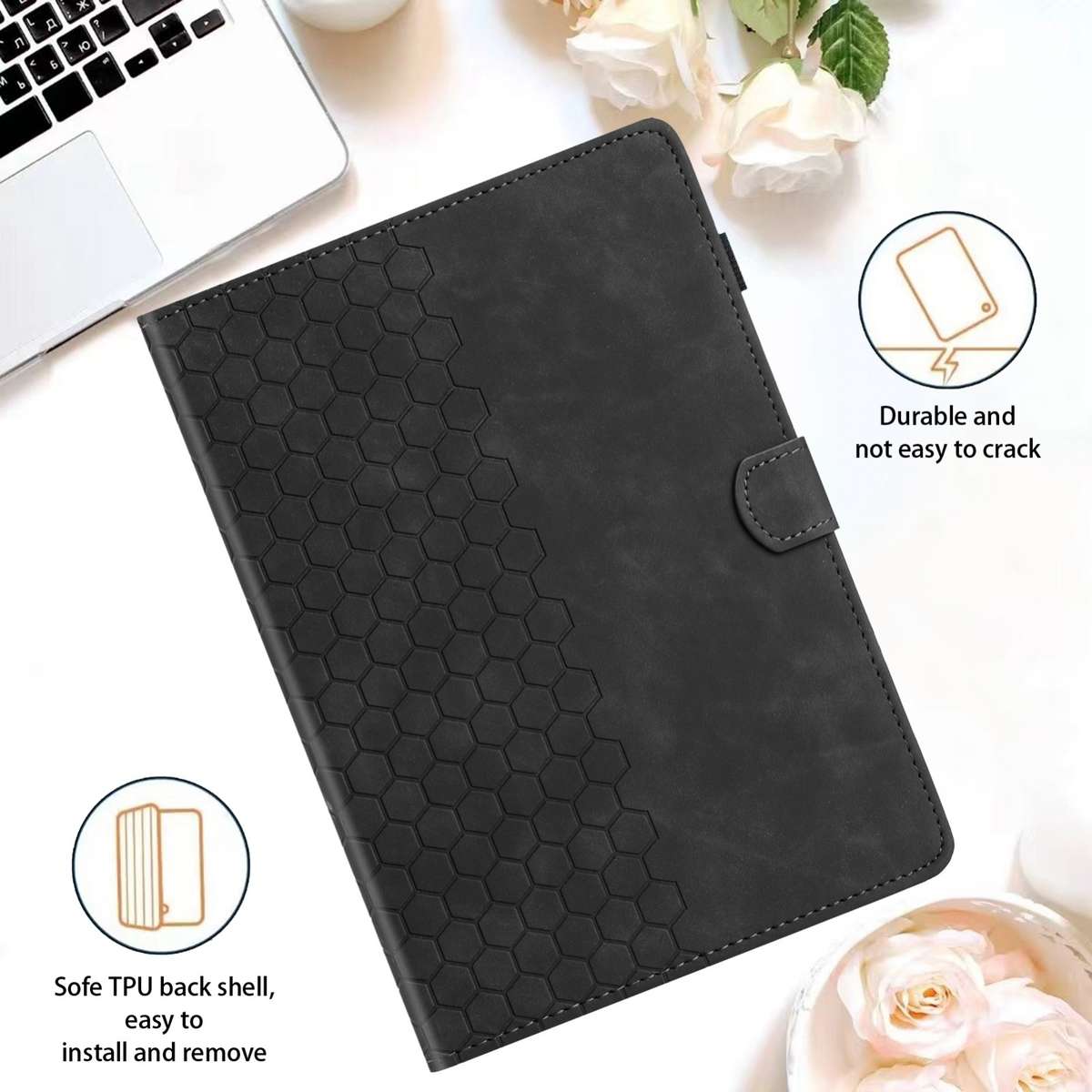 For Samsung Galaxy Tab A11+ / A9+ Honeycomb Embossed Leather Smart Tablet Case(Black)