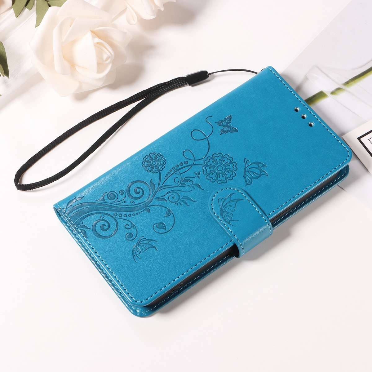 For Samsung Galaxy S22 Ultra 5G Embossed Butterfly Flowers Leather Phone Case(Blue)