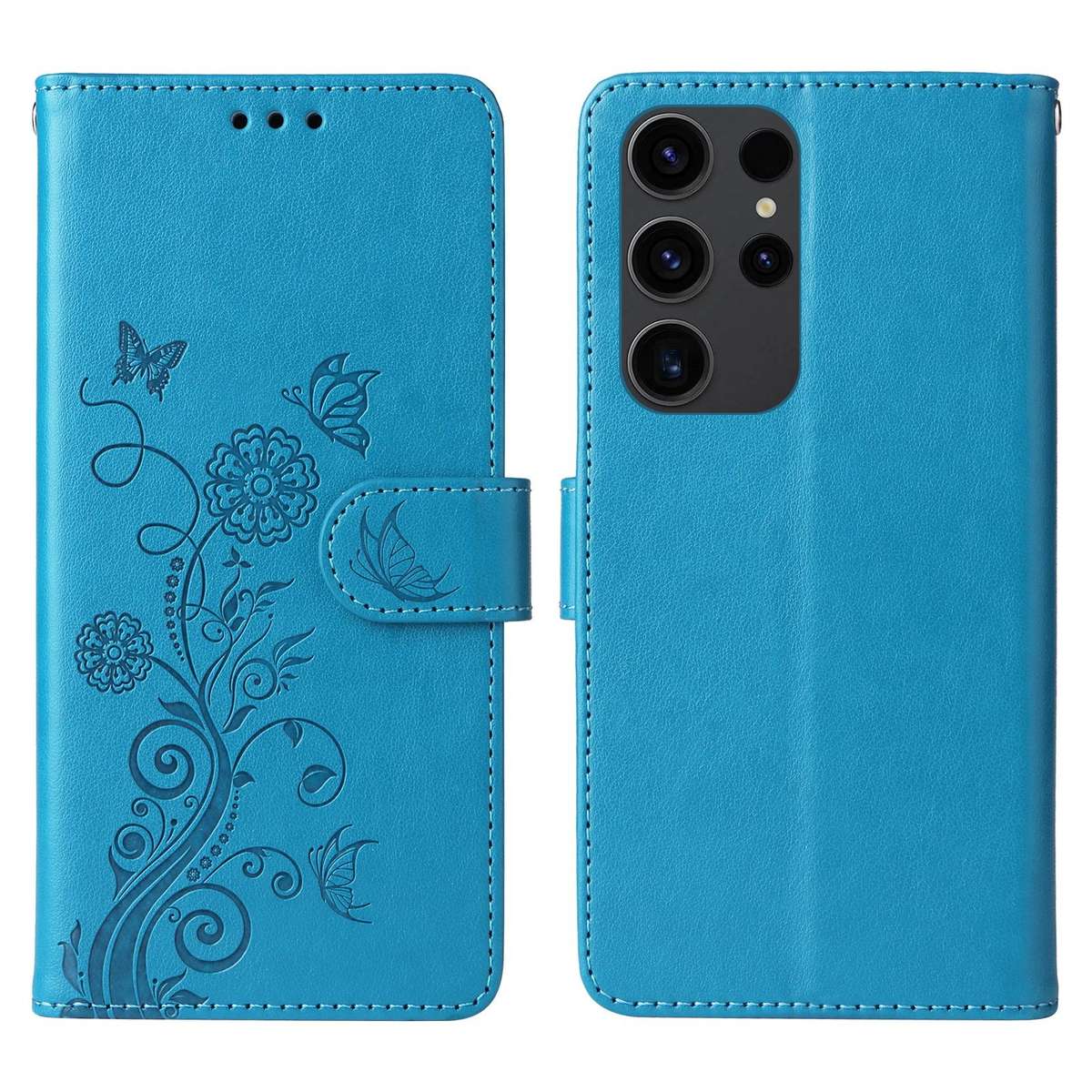 For Samsung Galaxy S22 Ultra 5G Embossed Butterfly Flowers Leather Phone Case(Blue)
