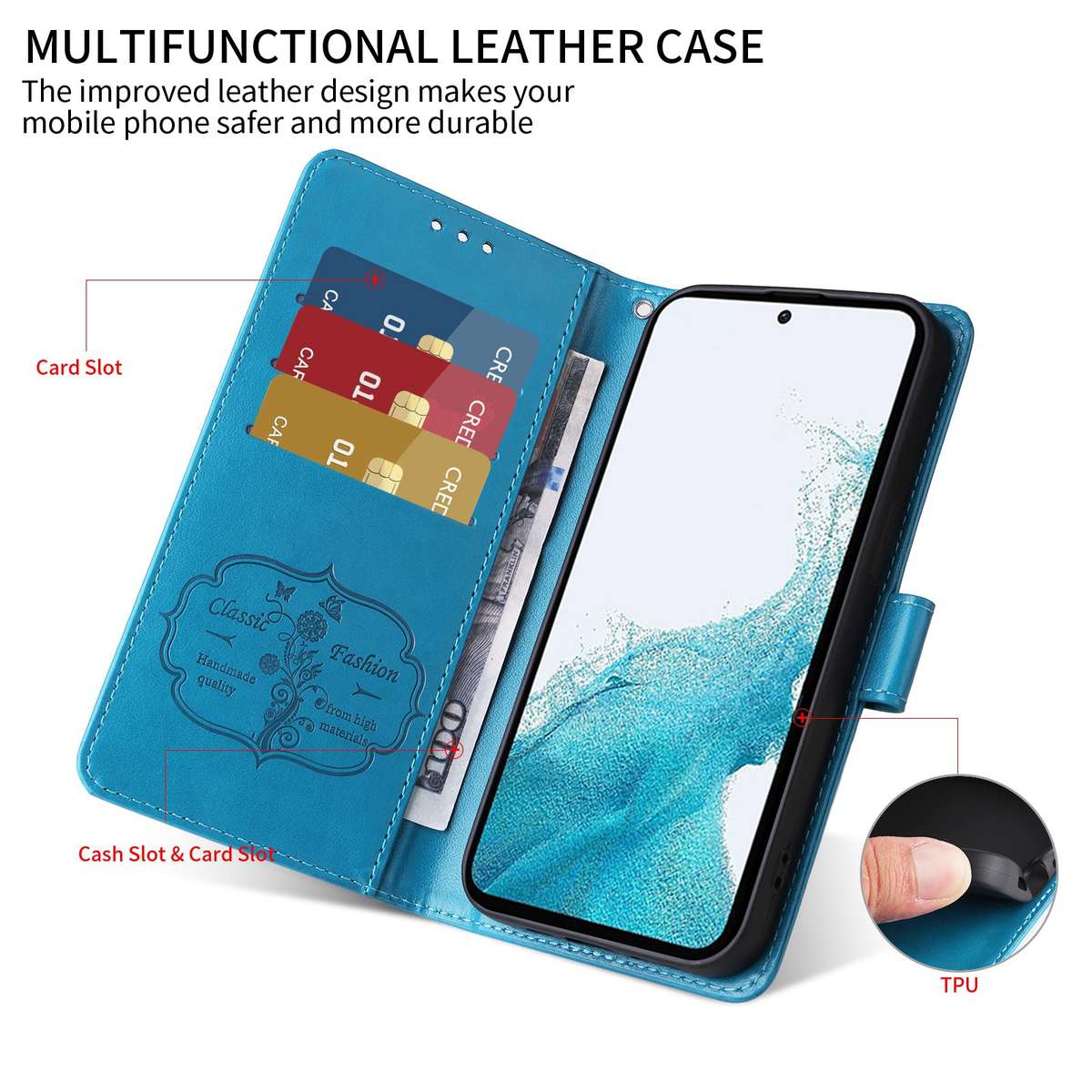 For Samsung Galaxy S22 Ultra 5G Embossed Butterfly Flowers Leather Phone Case(Blue)