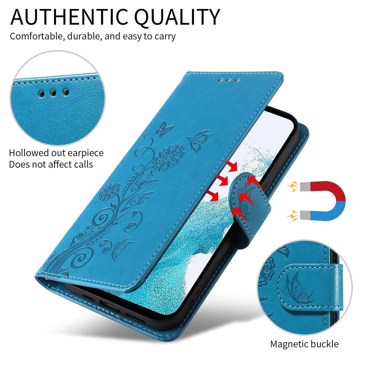 For Samsung Galaxy S22 Ultra 5G Embossed Butterfly Flowers Leather Phone Case(Blue)