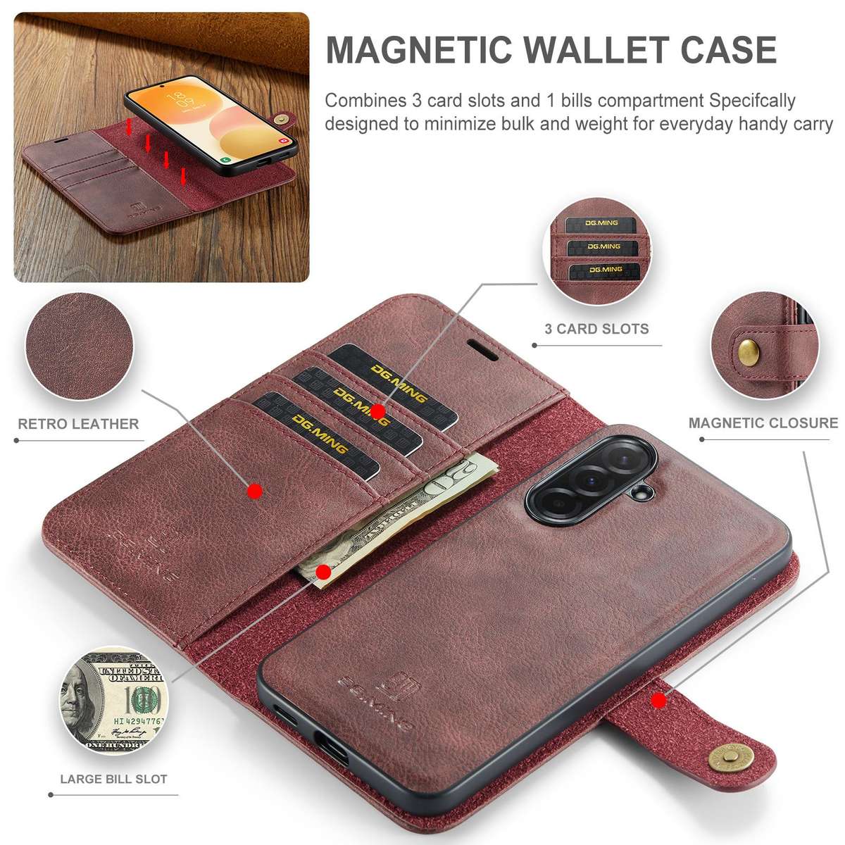 For Samsung Galaxy A57 5G DG.MING Crazy Horse Texture Detachable Magnetic Leather Case(Red)