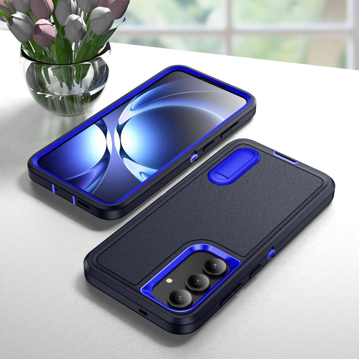 For Samsung Galaxy S25 FE 5G Rugged PC Hybrid Silicone Phone Case with Holder(Dark Blue+Royal Blue