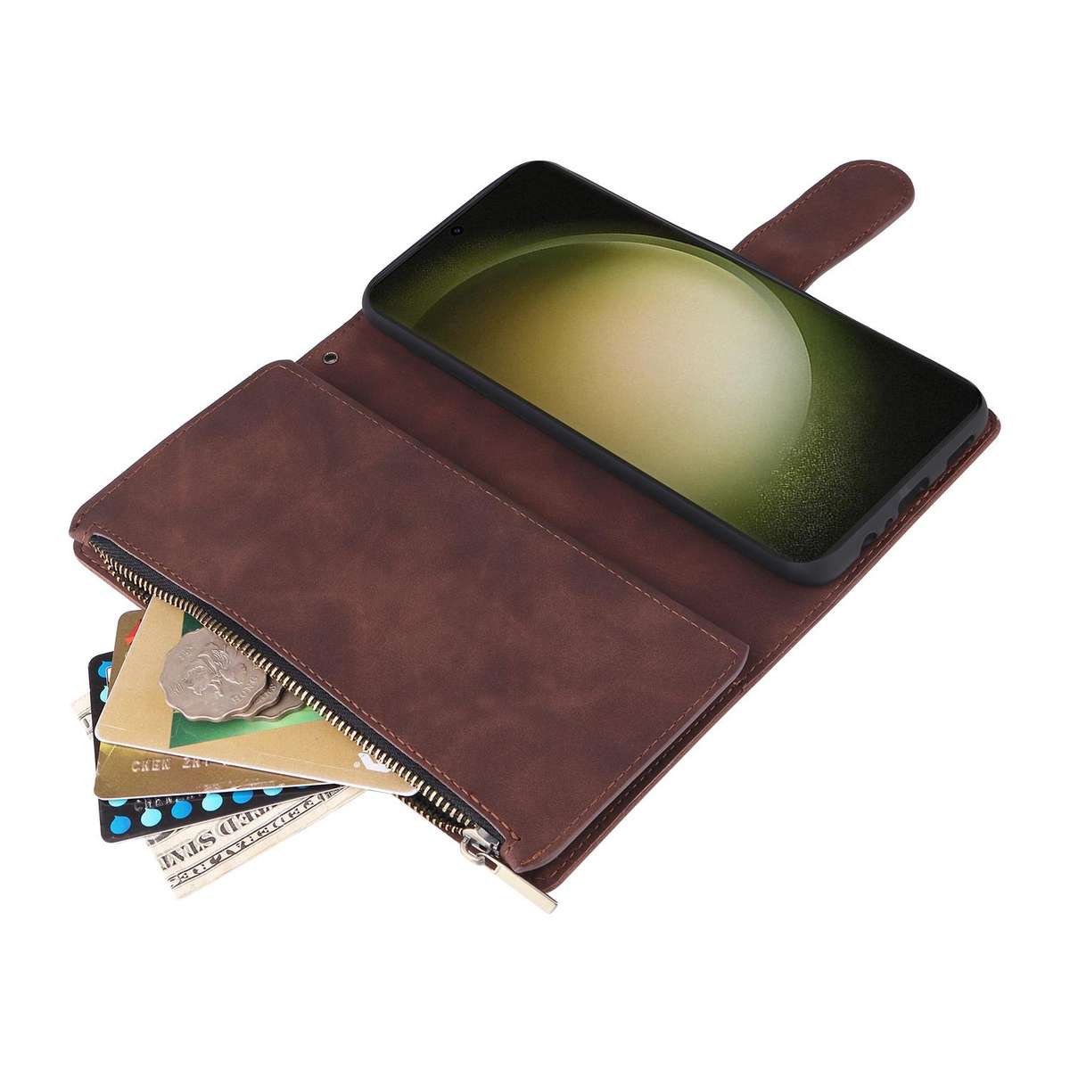 For Samsung Galaxy S23 FE 5G Multifunctional Frosted Zipper Wallet Leather Phone Case(Coffee)